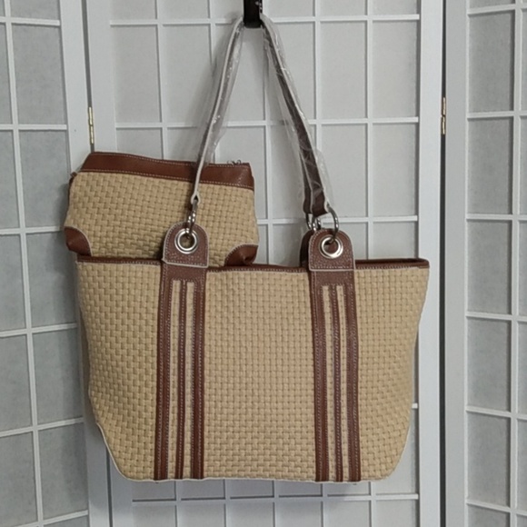 Maxx New York Woven Shoulder Bag with Matching Wristlet | Tan & Brown Vinyl Trim - Picture 15 of 15